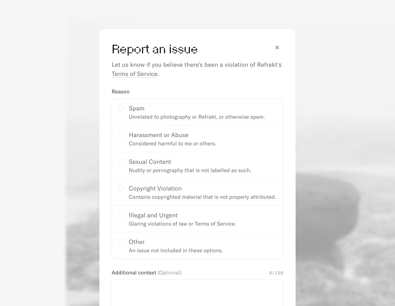 A screenshot of the "Report and issue" modal that shows options for why you want to report a piece of content.