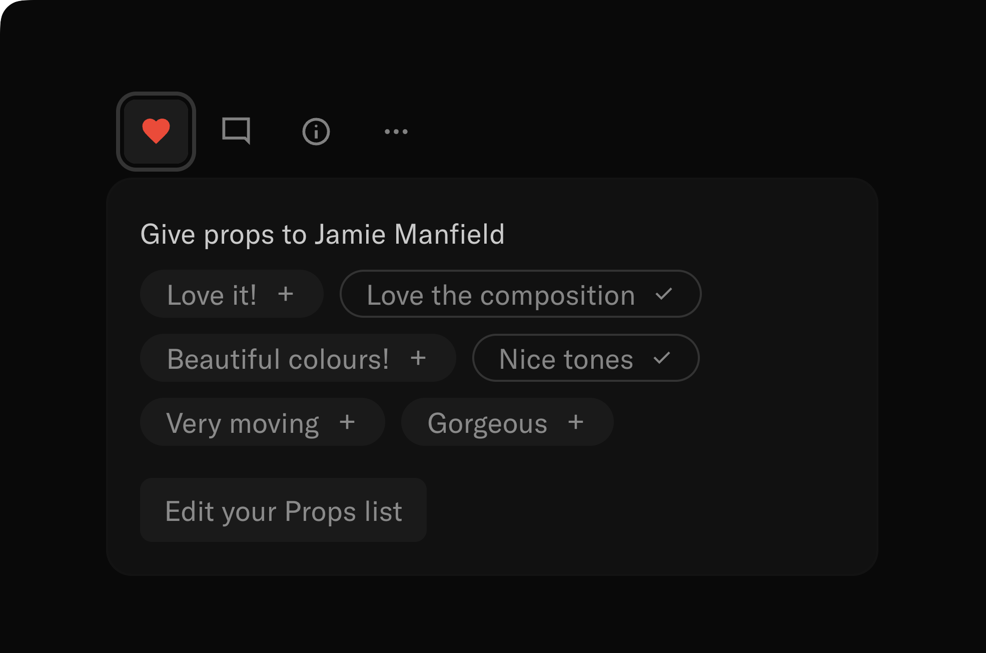 A screenshot of the props button on a post. It shows the Props menu in the open state with some props already selected for the photo such as 'Nice tones'