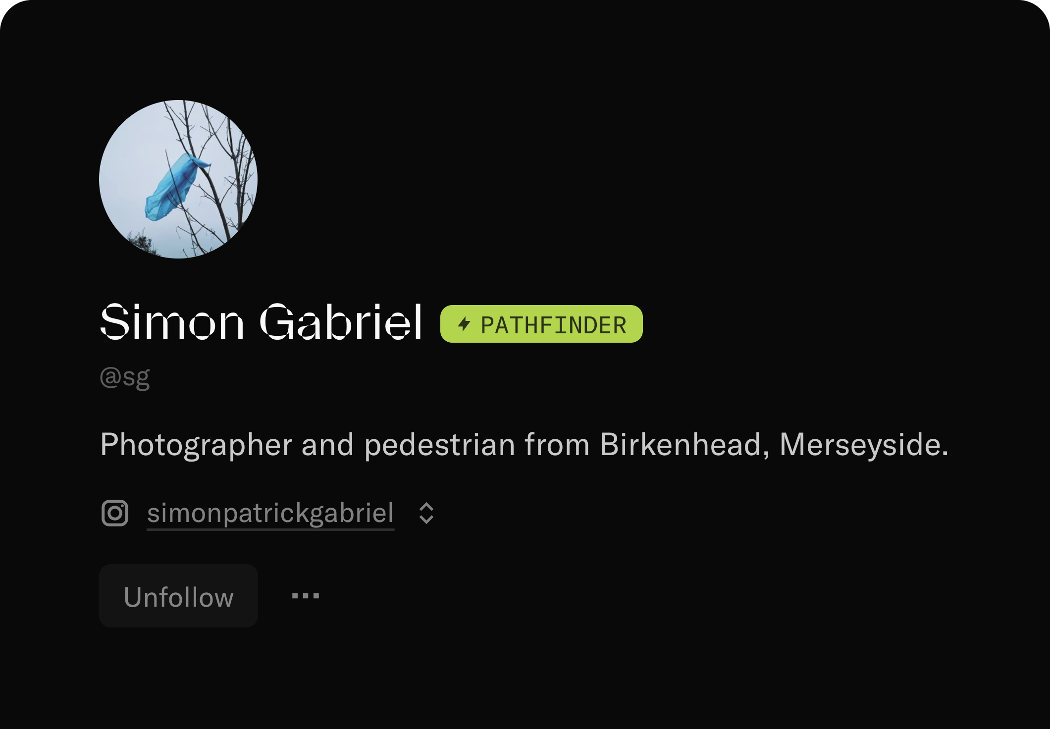A screenshot of Simon Gabriel's (@sg) profile, showing off the new Pathfinder badge next to their name.