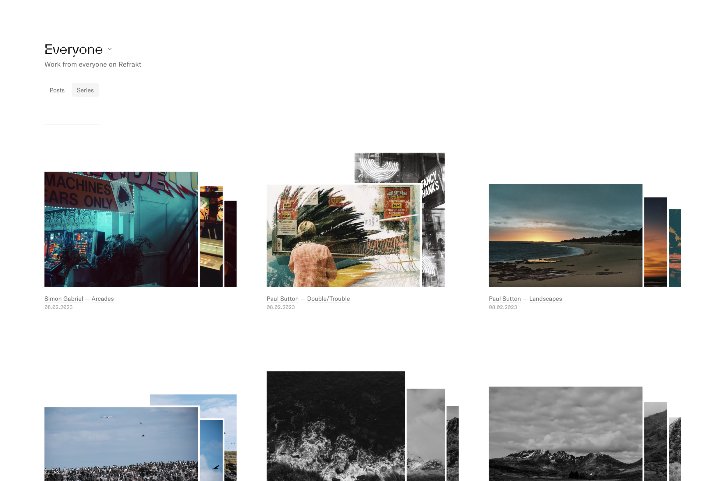 A screenshot of the new Series tab on the Home feed. It shows several series posted by photographers on Refrakt.