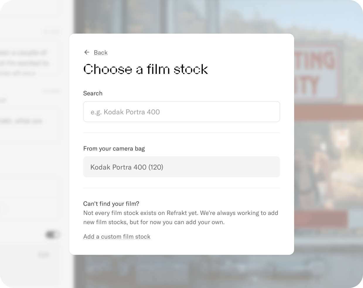 A screenshot of the "Choose film stock" modal that appears when creating or editing a post.