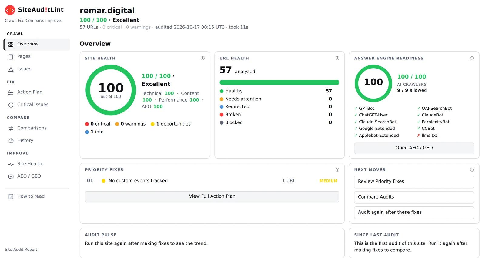 SiteAuditLint audit report for remar.digital showing a 100 out of 100 site health score
