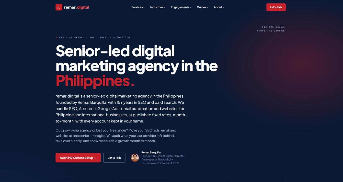 remar.digital homepage, a digital marketing agency site built with ChatGPT and Claude and hosted on Vercel