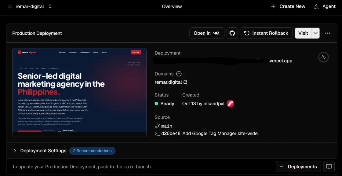 Vercel production deployment for remar.digital showing Ready status, custom domain connected, and deployment from the main branch