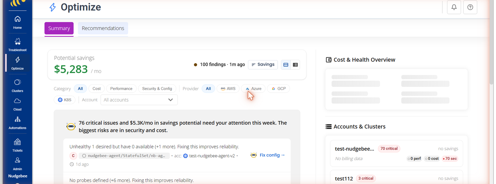 NudgeBee AI-FinOps Assistant showing cloud cost savings findings and a one-click fix across AWS, Azure, GCP, and Kubernetes