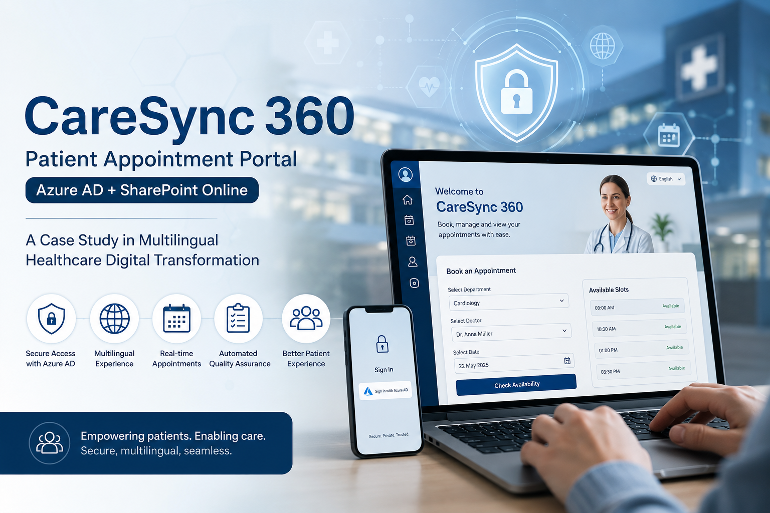 Multilingual patient appointment portal built on SharePoint Online with Azure Active Directory authentication and real-time calendar integration.