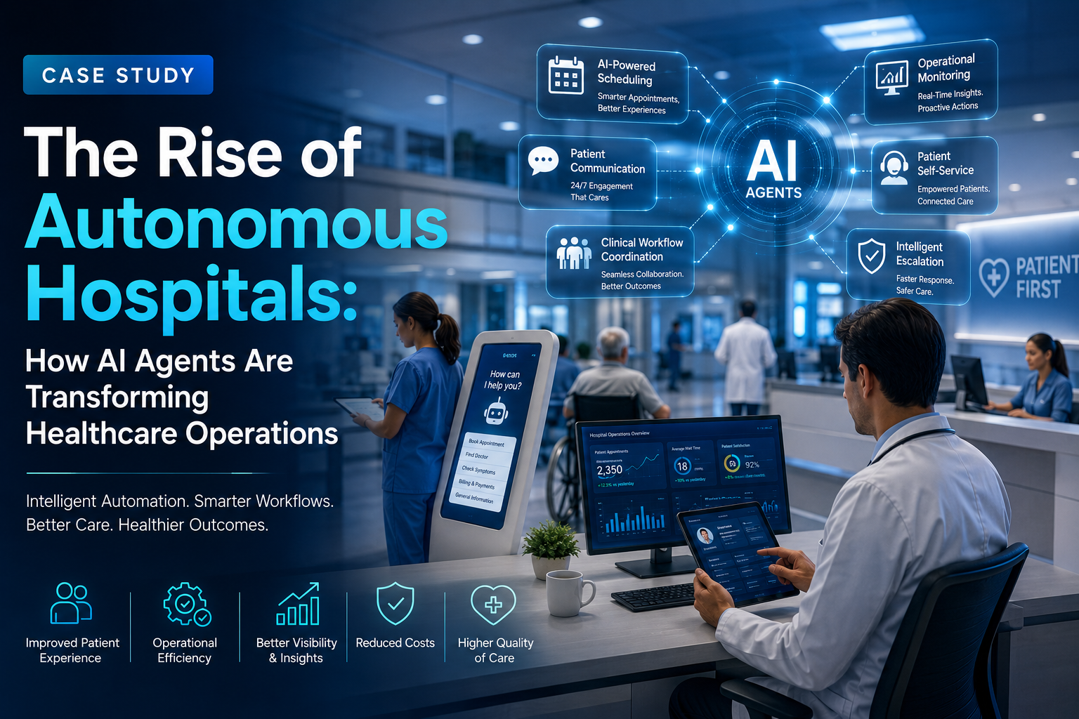 Futuristic AI-powered hospital with doctors using digital dashboards, autonomous AI agents coordinating patient scheduling and clinical workflows, interactive healthcare analytics, and smart hospital technology illustrating automated healthcare operations and improved patient care.