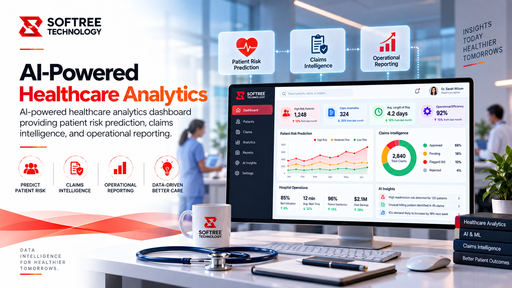 Healthcare executives using Microsoft Fabric-powered patient intelligence dashboards to monitor clinical, financial, and operational performance.