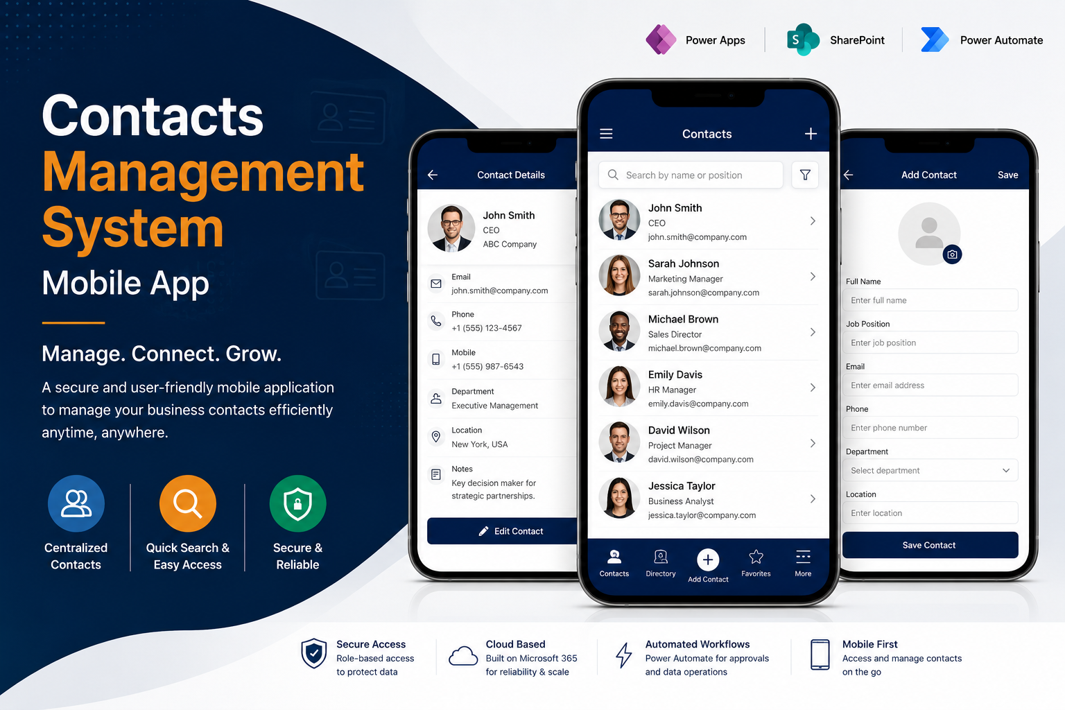 Contacts Management System mobile application powered by Microsoft Power Platform