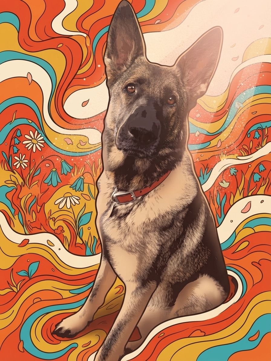 German Shepherd kept photographic in a colourful acid-wave meadow with Creative Mode off