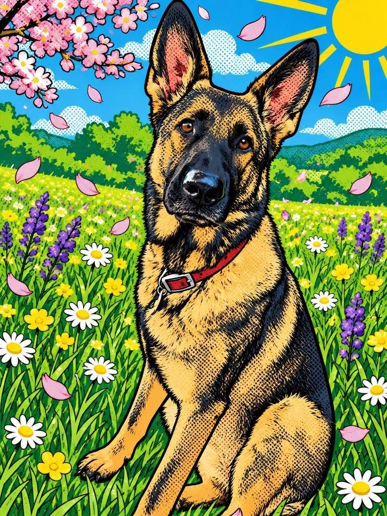 Eve, a German Shepherd, rendered in bright Pop Art in a spring meadow