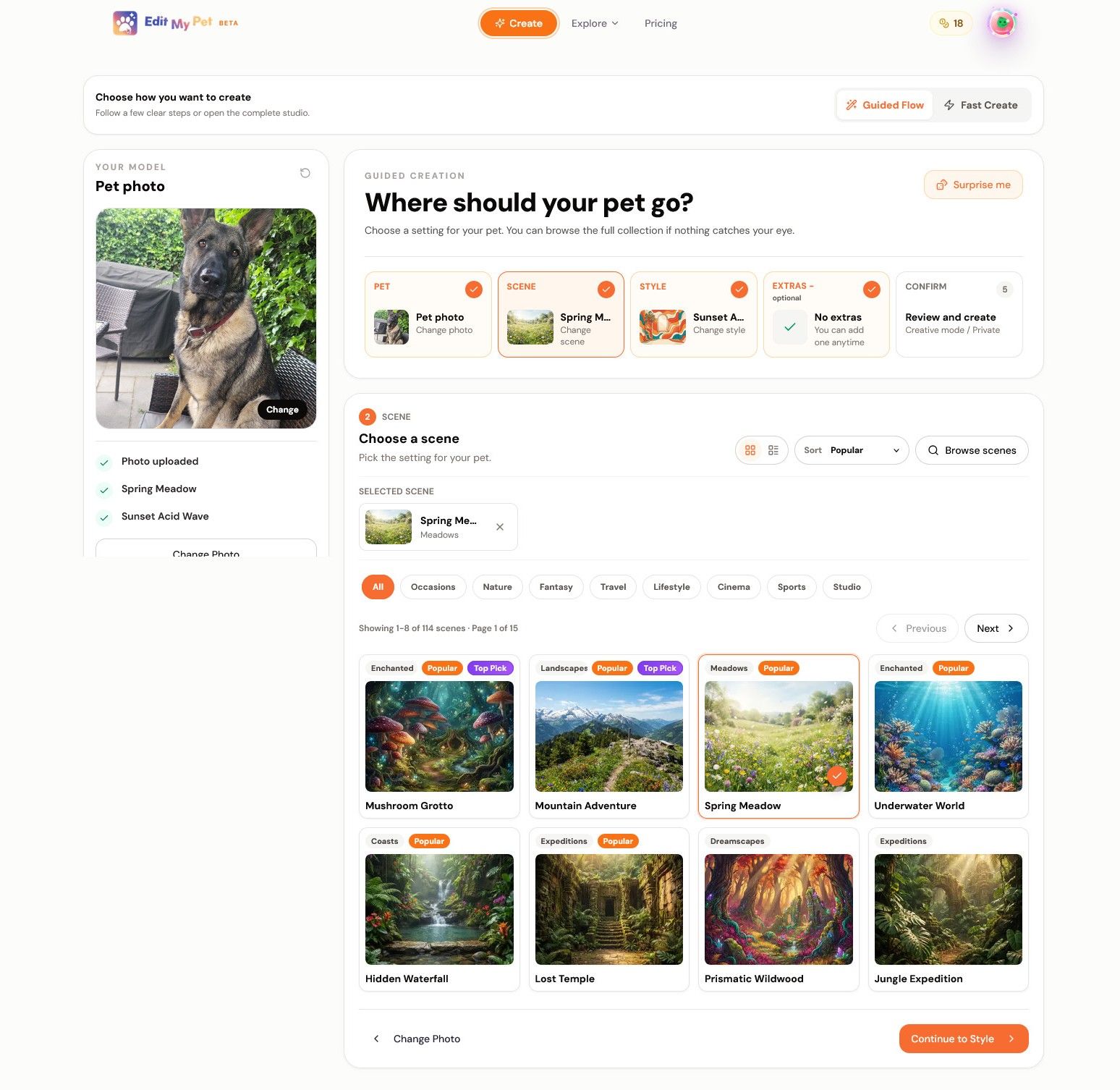 The new visual EditMyPet Guided Flow with scene cards and a clear progress summary