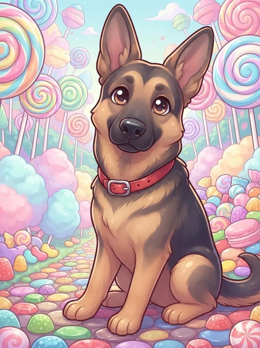 German Shepherd in a glossy pastel Candyland scene