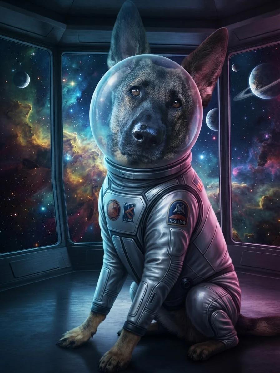 German Shepherd wearing a silver space suit inside an observation deck