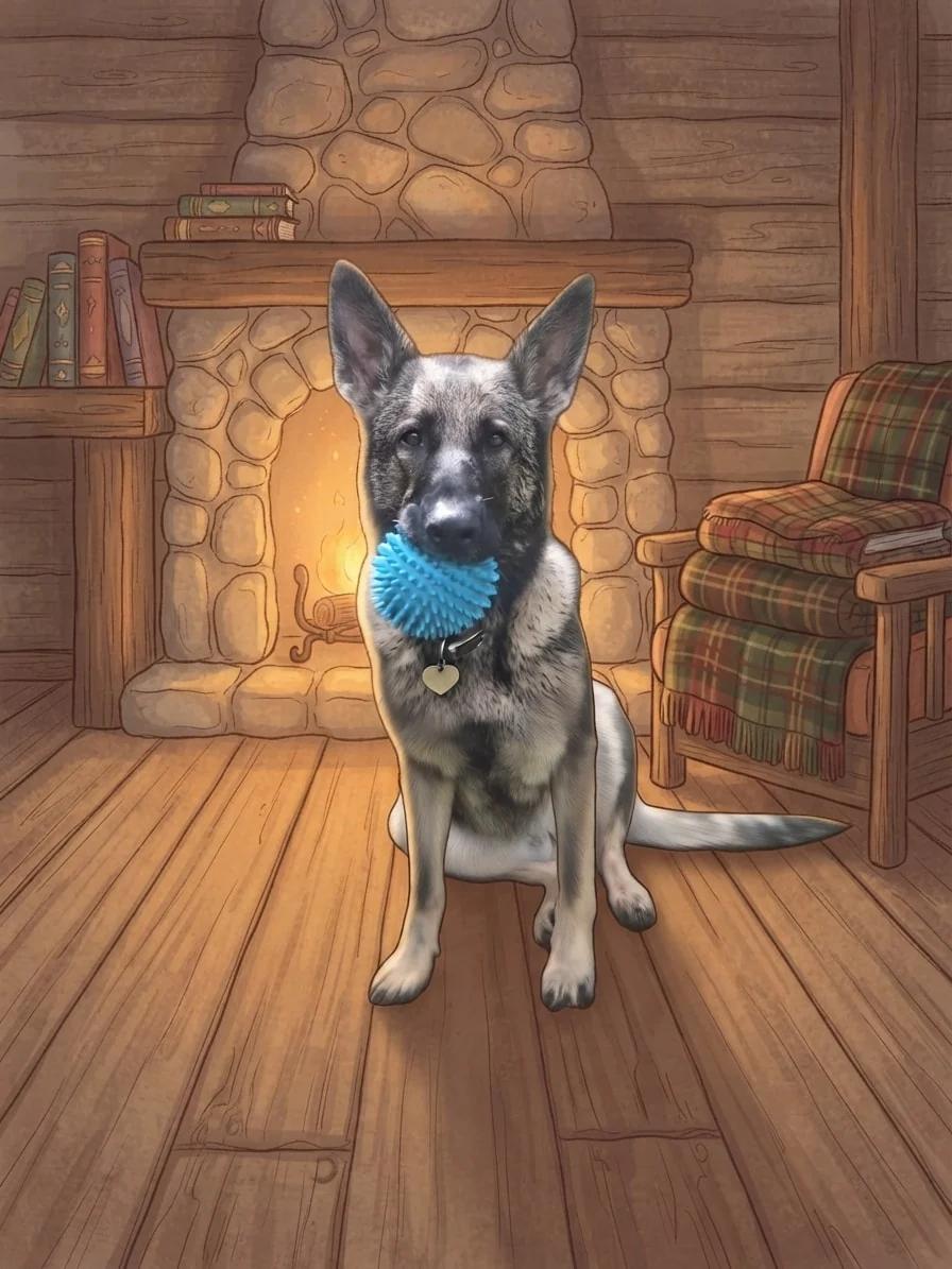 German Shepherd illustrated inside a warm storybook cabin