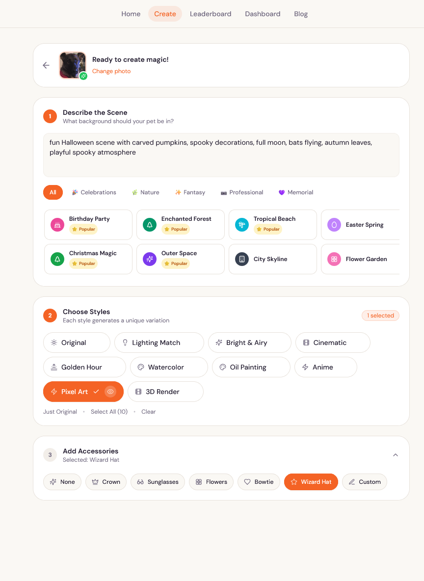 The previous EditMyPet Create interface with text-led scene and style choices