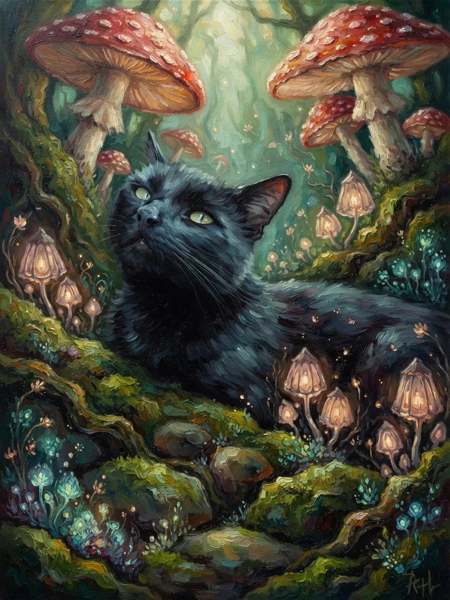 Black cat painted in oils among glowing mushrooms
