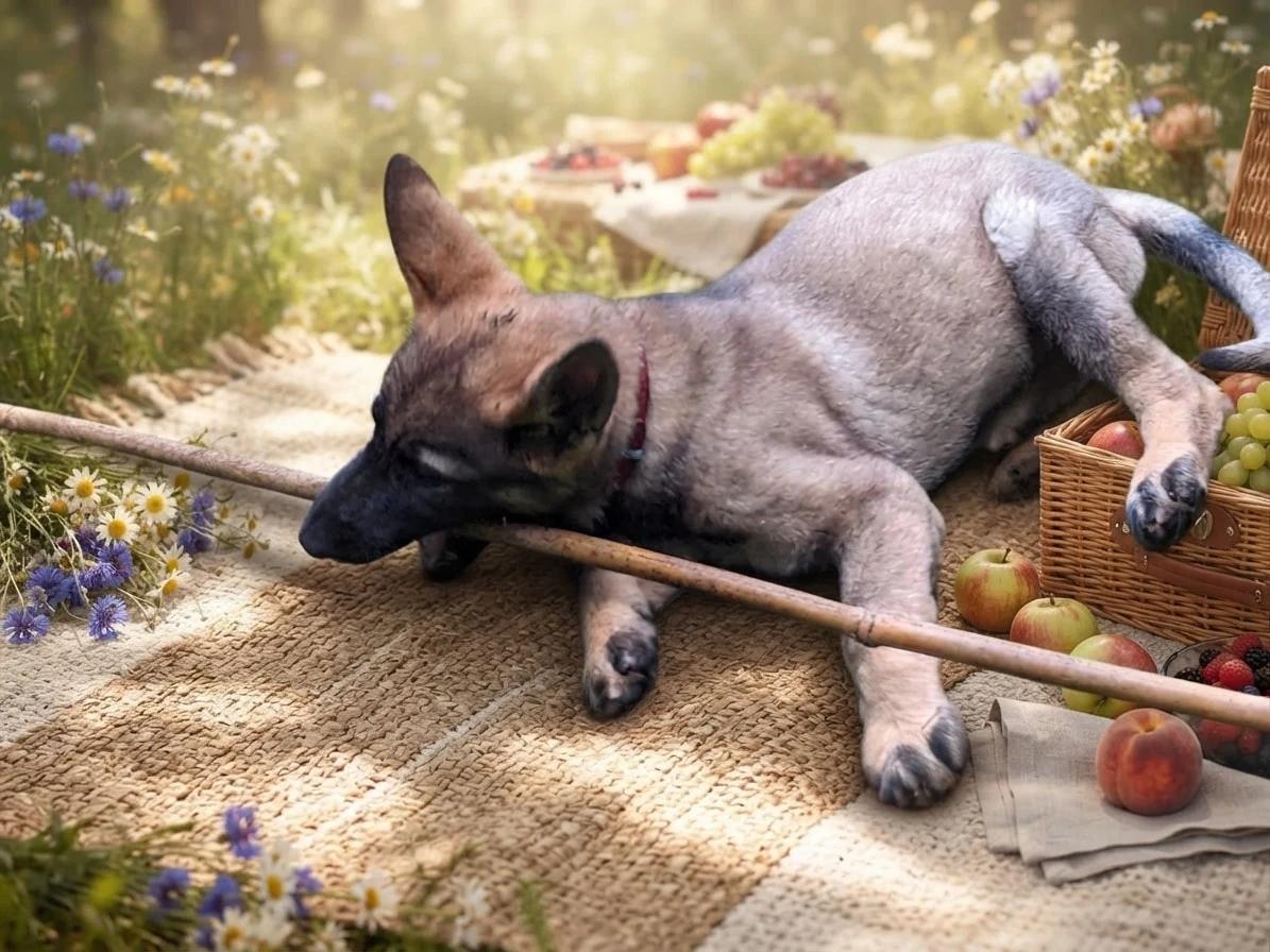 Dog resting with a stick on a flower-filled picnic blanket