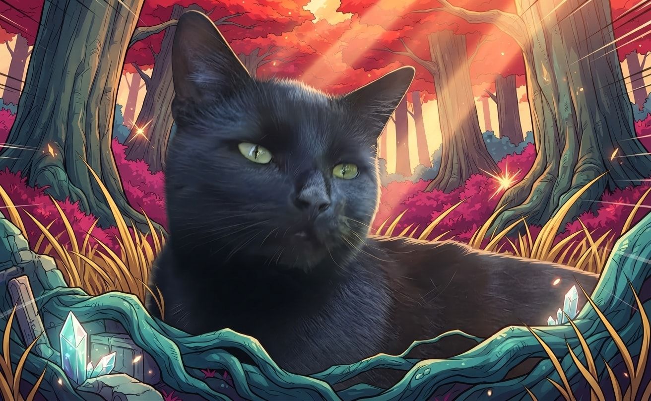 Black cat kept photographic in a prismatic fantasy forest with Creative Mode off