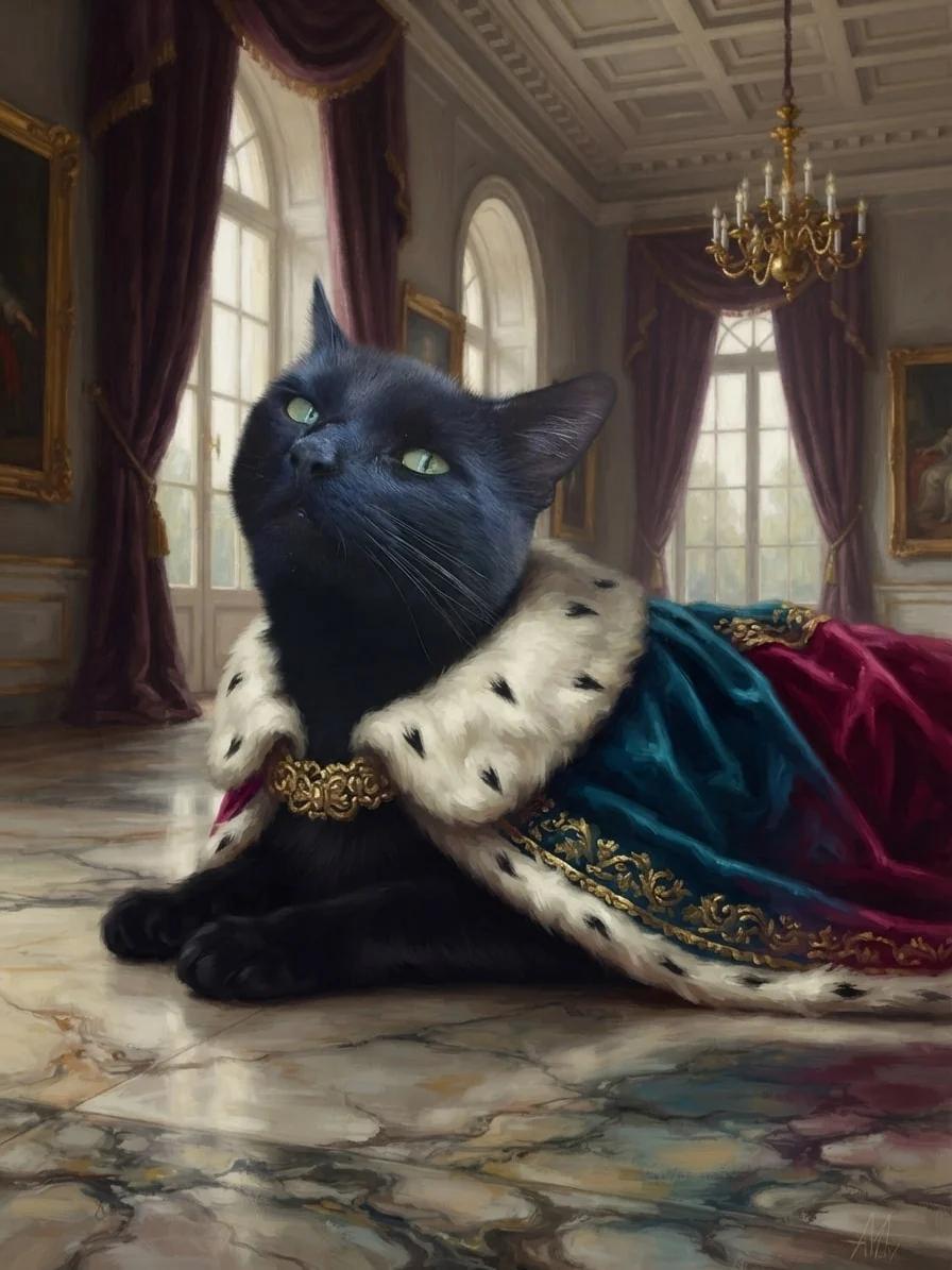 Black cat wearing a velvet royal cape inside a palace