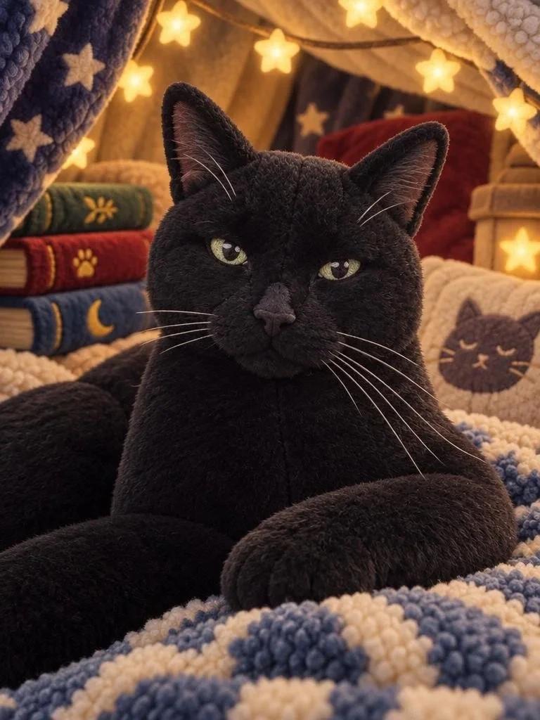 Chunki rendered as a soft black Plush Toy inside a blanket fort with Creative Mode On