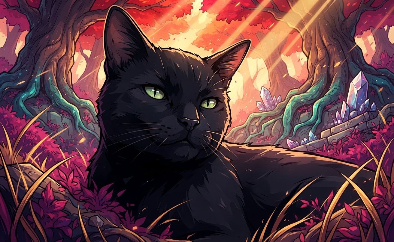 The same black cat fully illustrated in battle-shonen style with Creative Mode on