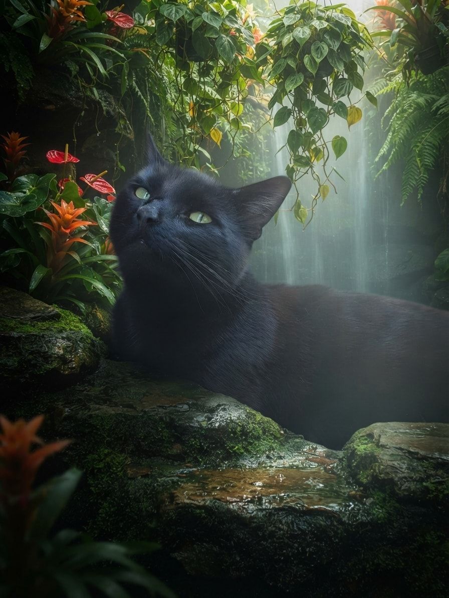 Chuck naturally nestled behind wet rocks and foliage in a cinematic hidden waterfall scene