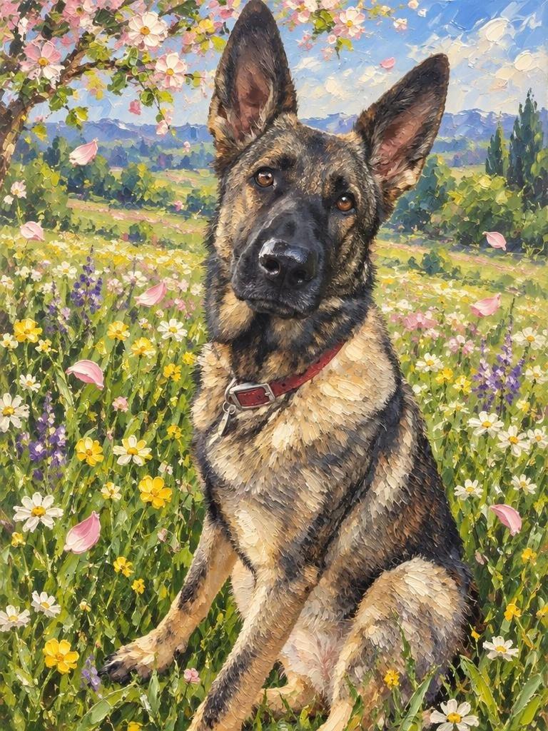 Eve, a German Shepherd, rendered in oil paint among spring meadow flowers