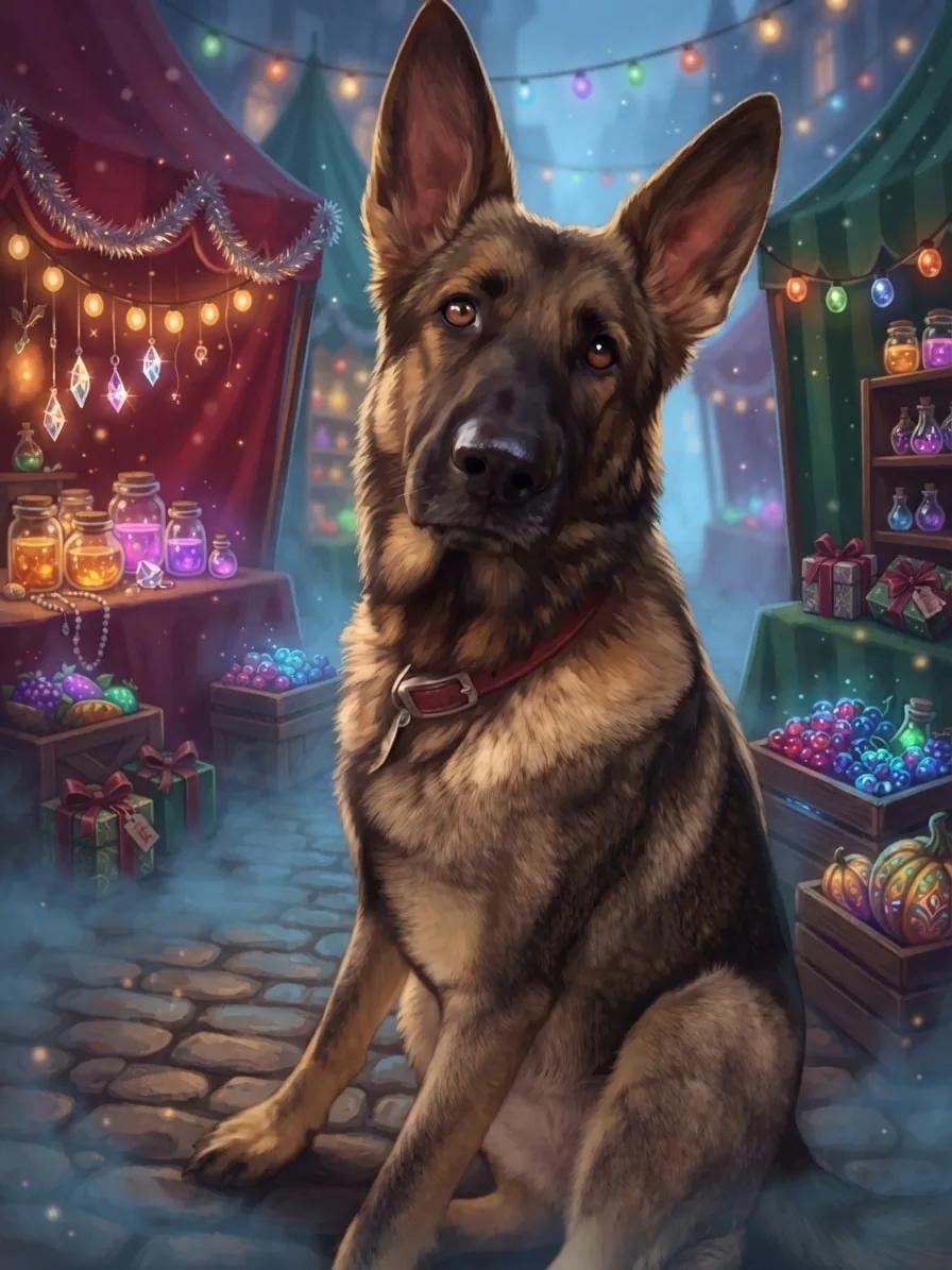 German Shepherd in an enchanted market filled with Christmas lights and gifts