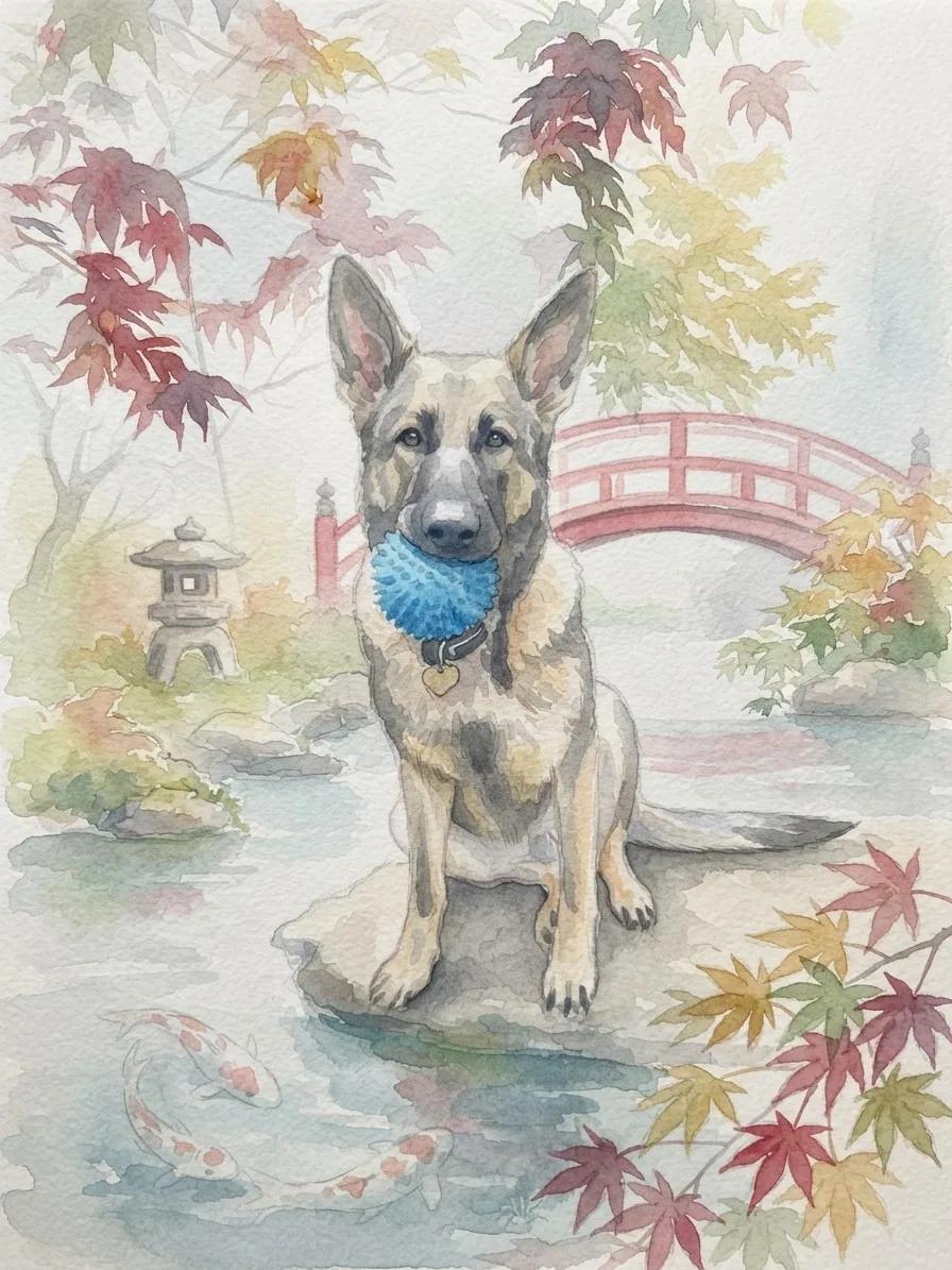 German Shepherd with a blue ball painted in watercolor beside a koi pond