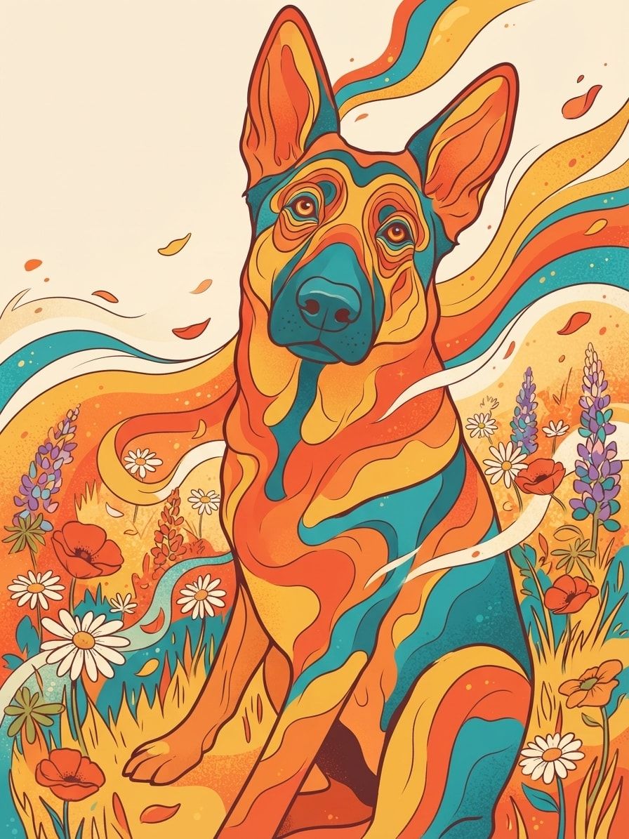 The same German Shepherd fully rendered in the flowing acid-wave illustration style