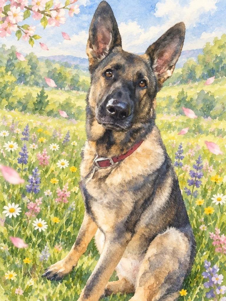 Eve, a German Shepherd, rendered in watercolor among spring meadow flowers
