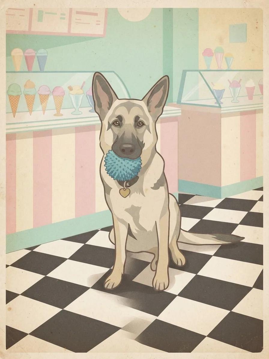 German Shepherd in a pastel vintage postcard ice cream parlor
