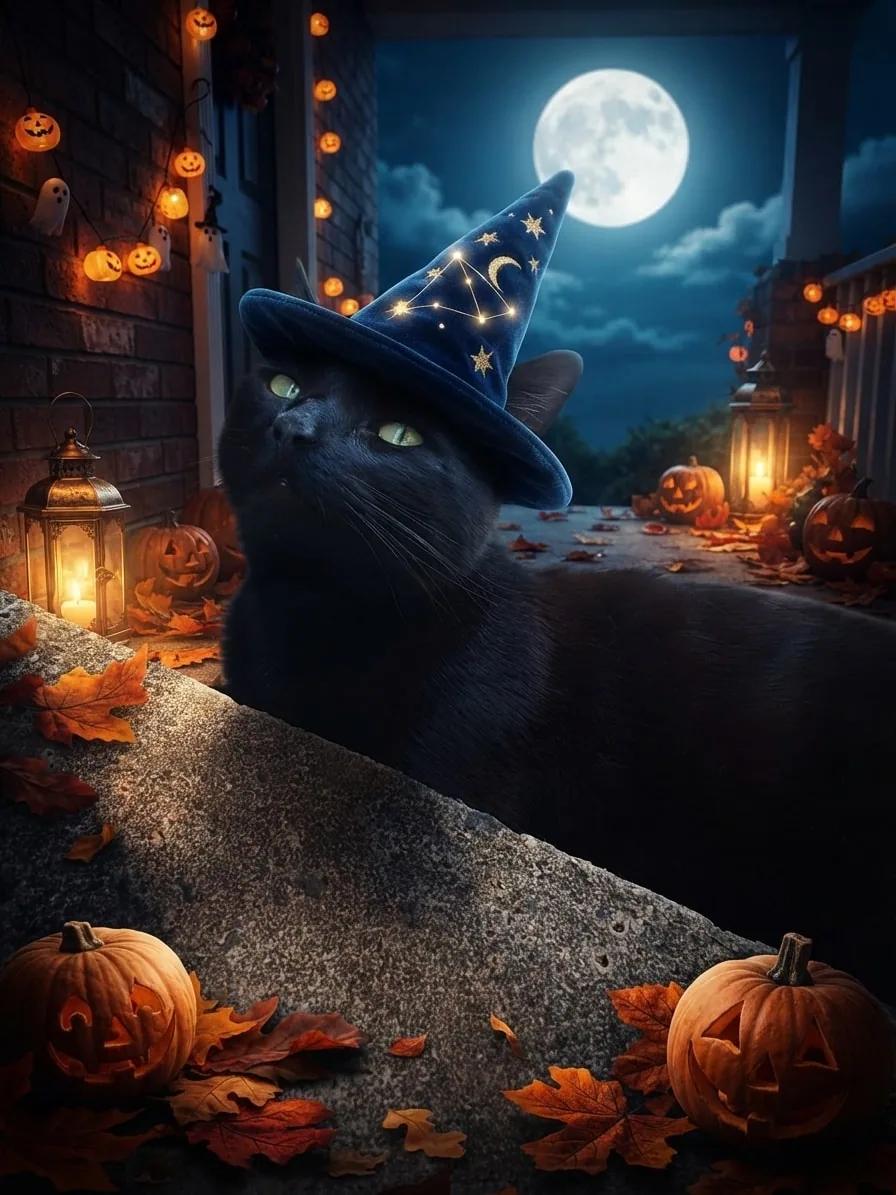 Black cat in a wizard hat among pumpkins and lanterns beneath the moon