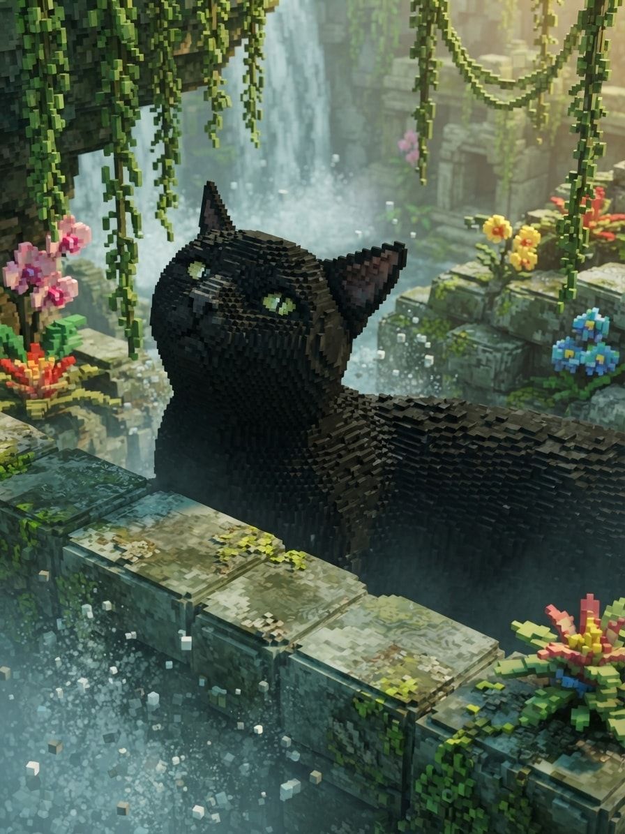 Chuck in the same pose, rendered cohesively in voxel art within a hidden waterfall scene