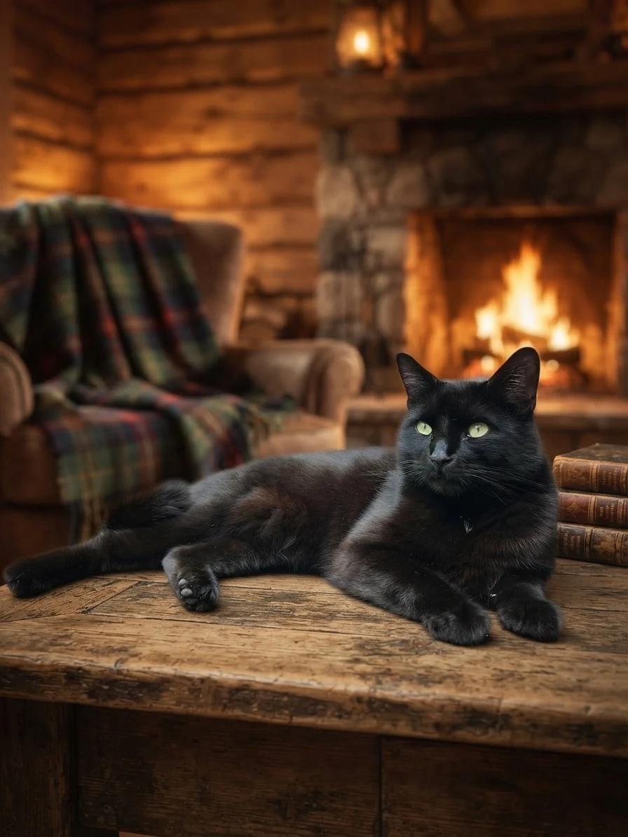 Black cat resting beside a warm fireplace in a cabin