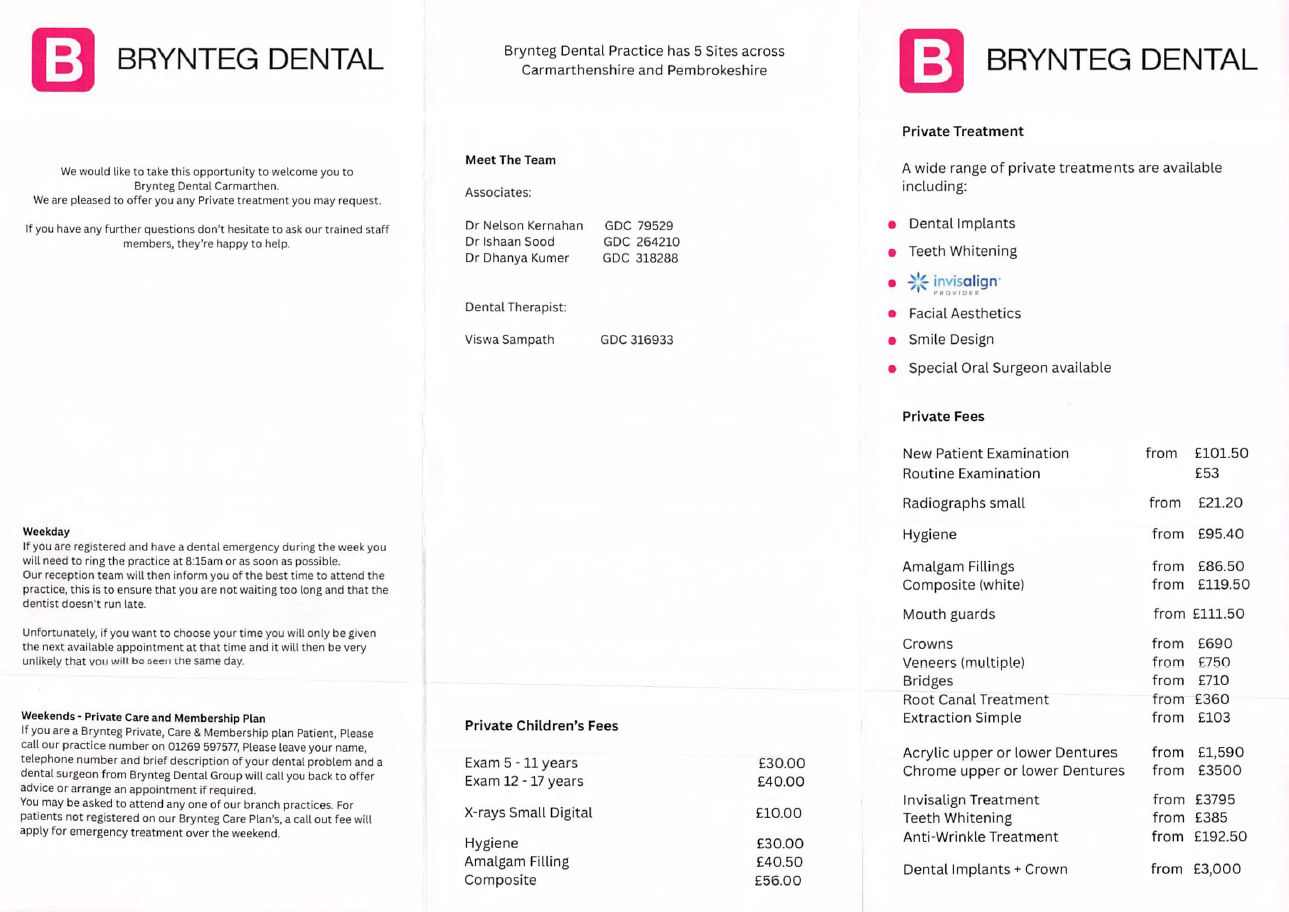 Brynteg Dental Carmarthen Patient Information Leaflet