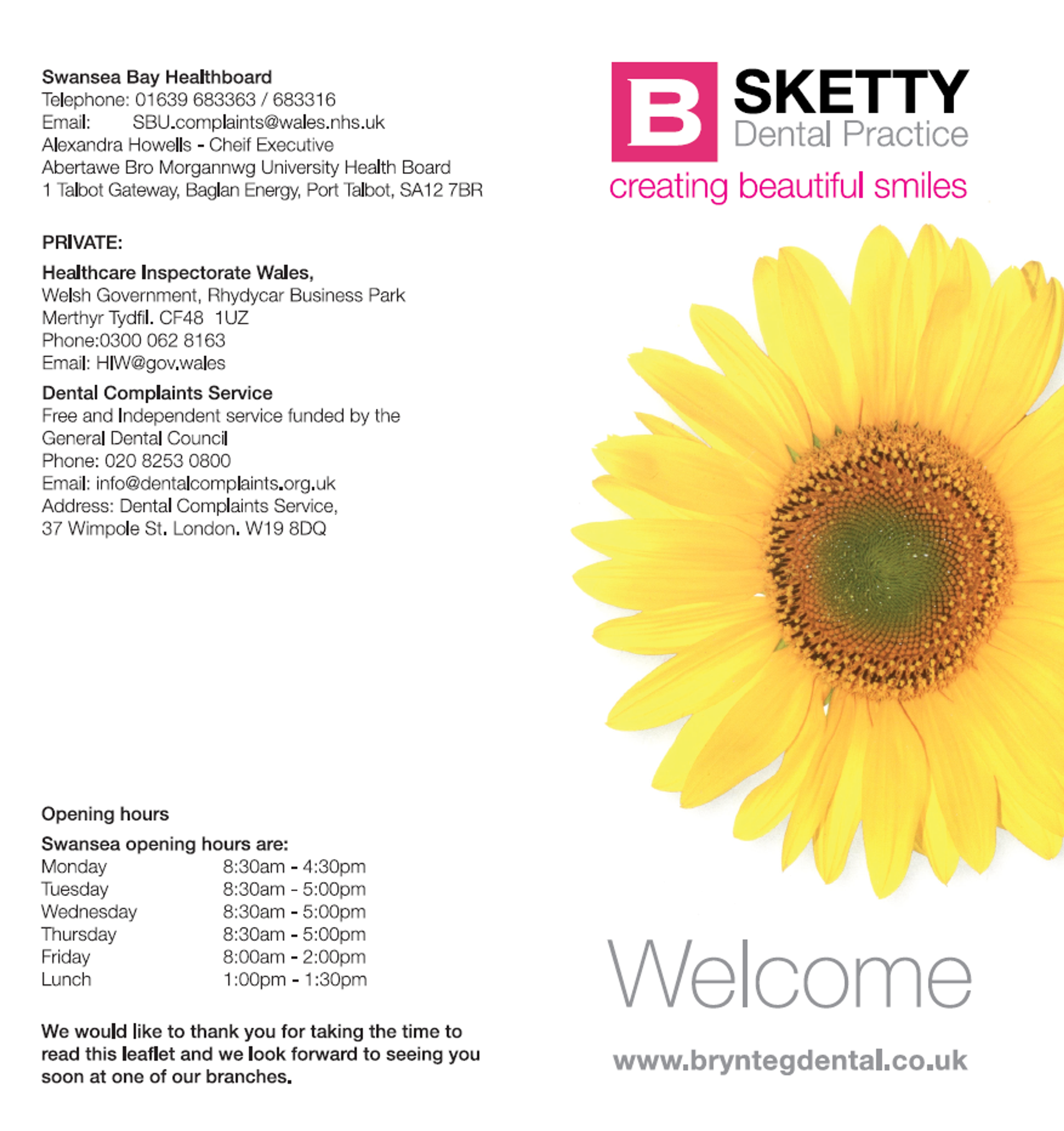 Brynteg Dental Sketty - Patient Information Leaflet Front