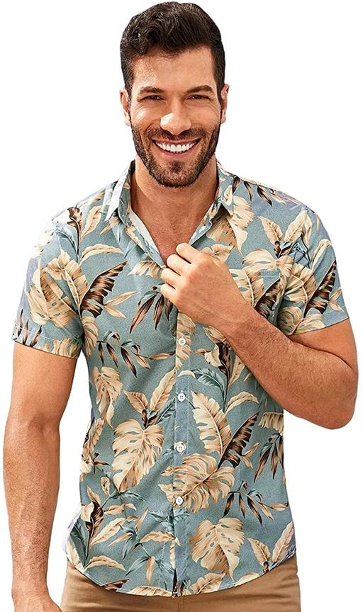 Camisa color azul con detalles de plantas en colores tierra