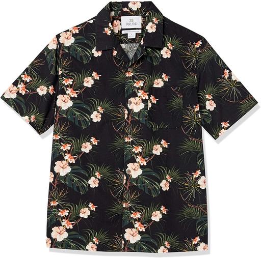 Camisa manga corta oscura con detalles en hojas verdes y flores blancas