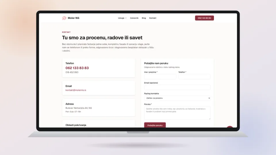 Kontakt stranica sajta Moler Niš