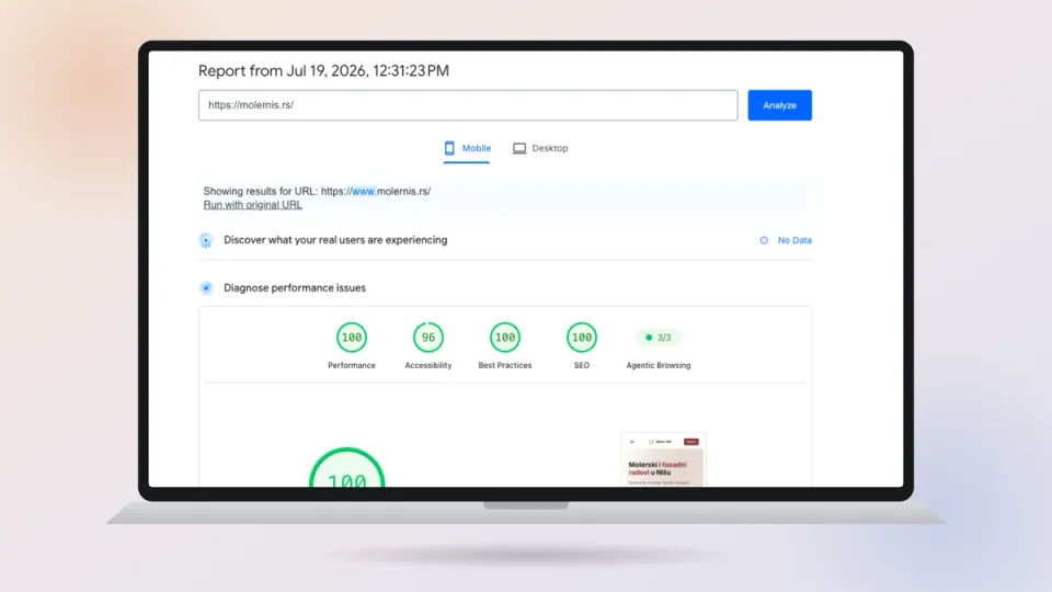 Google PageSpeed rezultat 100 na mobilnom testu
