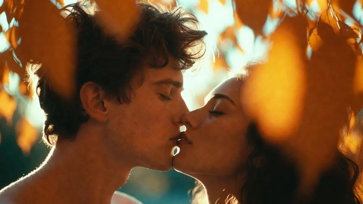Romantic couple about to kiss in golden hour light