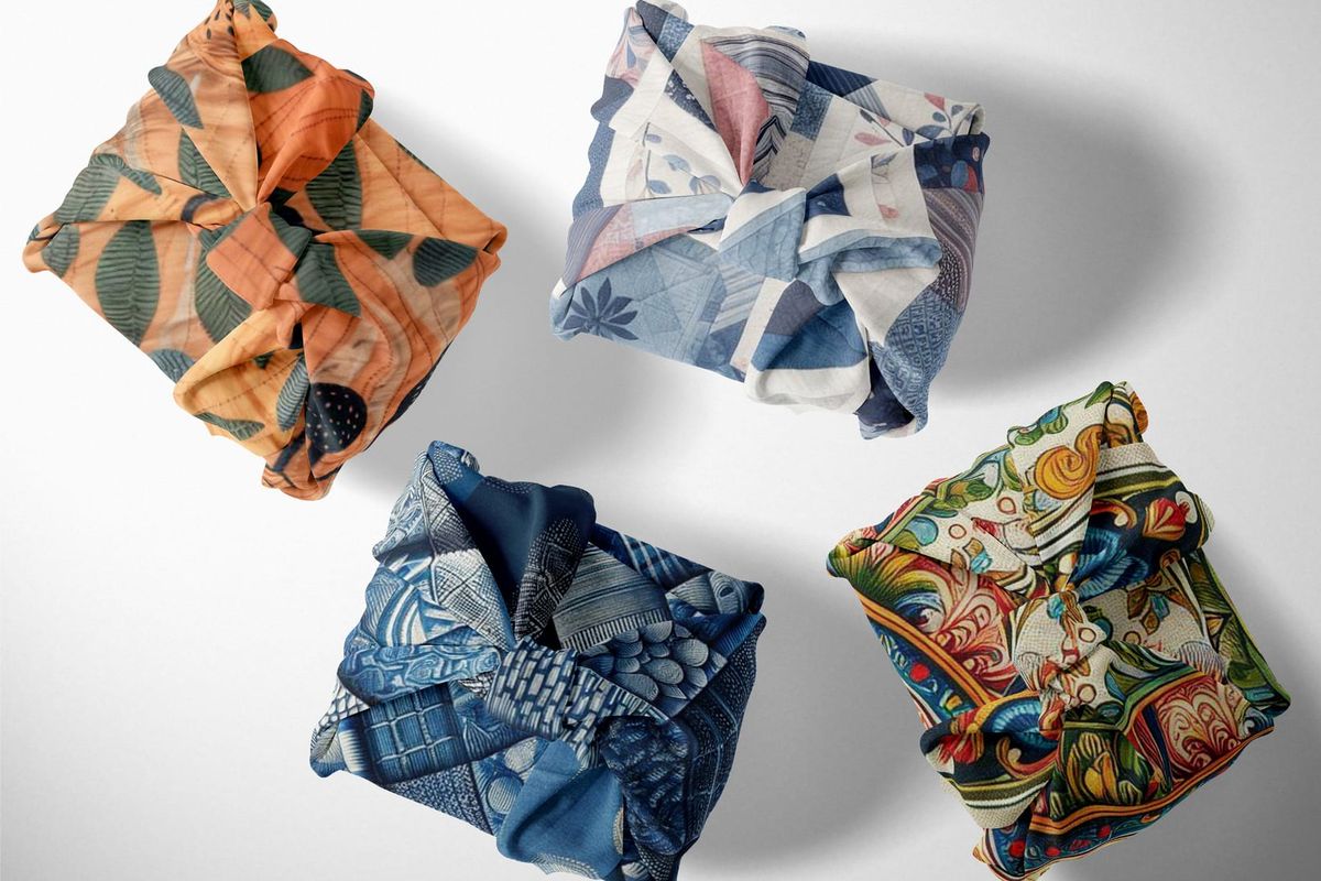 4 blocks wrapped in folded textiles each with different patterns