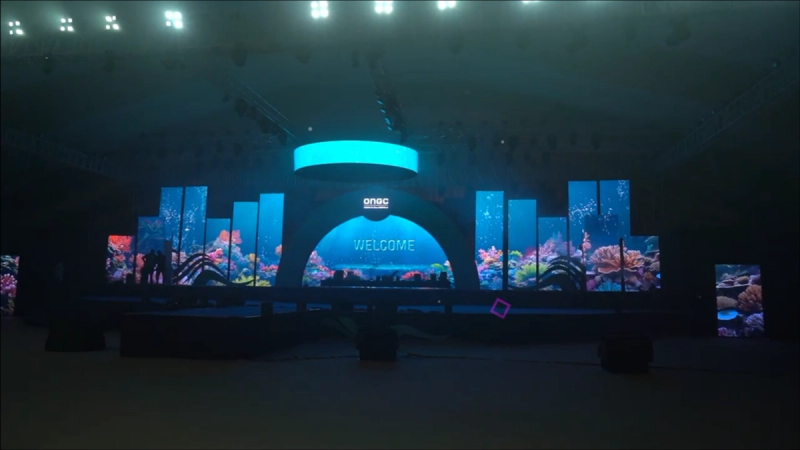 Immersive water-themed visuals for the ONGC dinner highlighted the company’s offshore sites