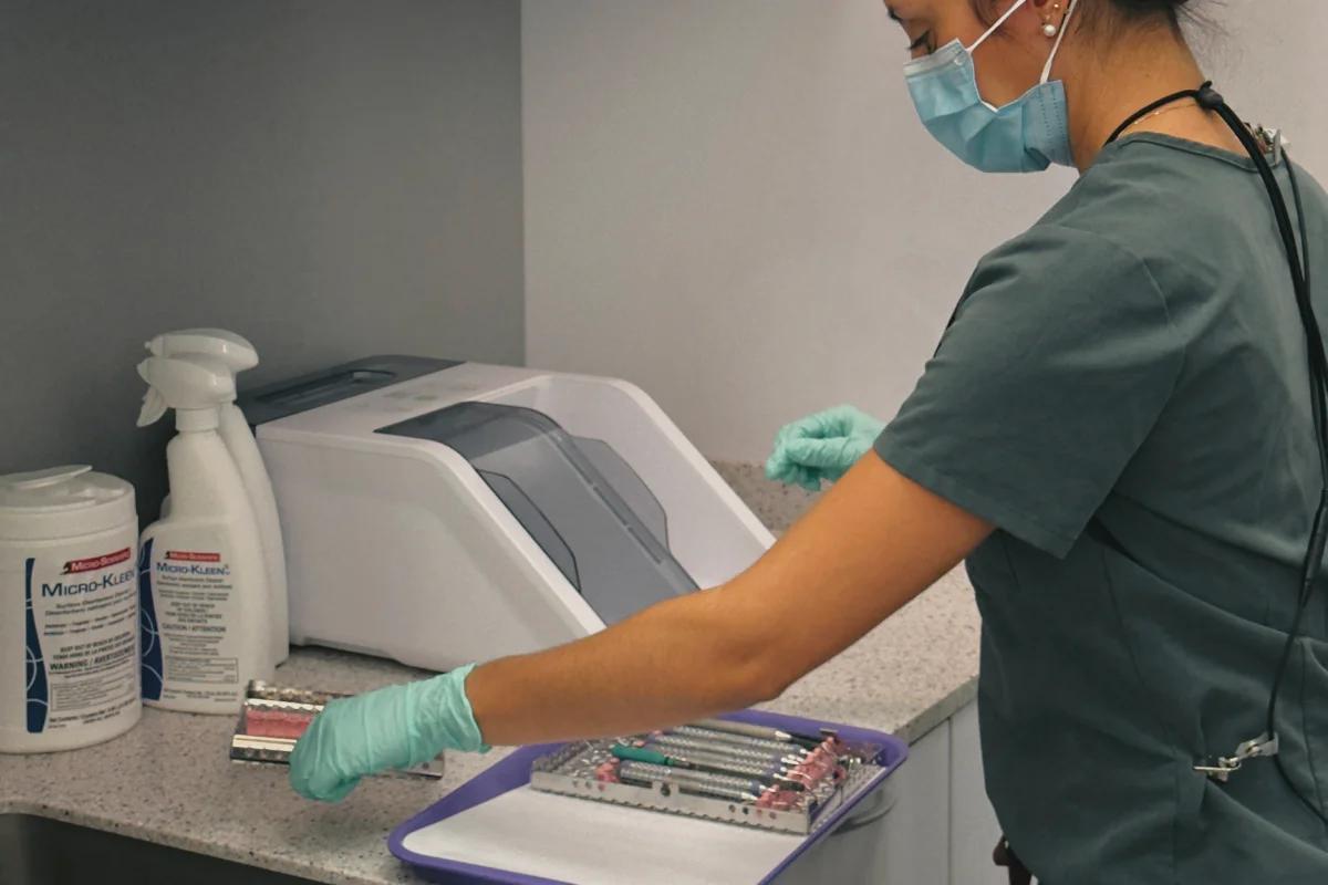 Hygienists preparing equipment for sterilization