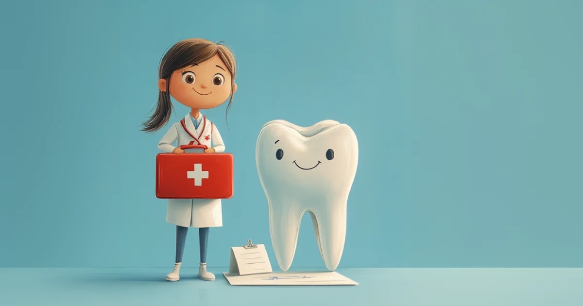 Illustration of emergency dentist holding an emergency briefcase beside a model of a tooth