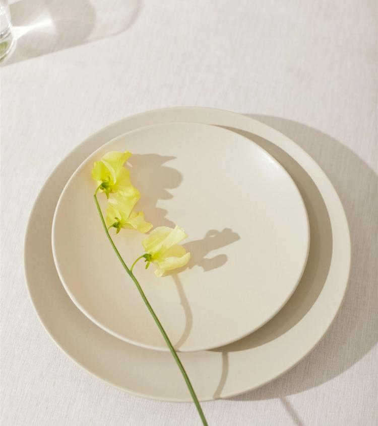 Cream-colored dinner plate with a side plate on top and a flower with three yellow blossoms lying on top casting a shadow