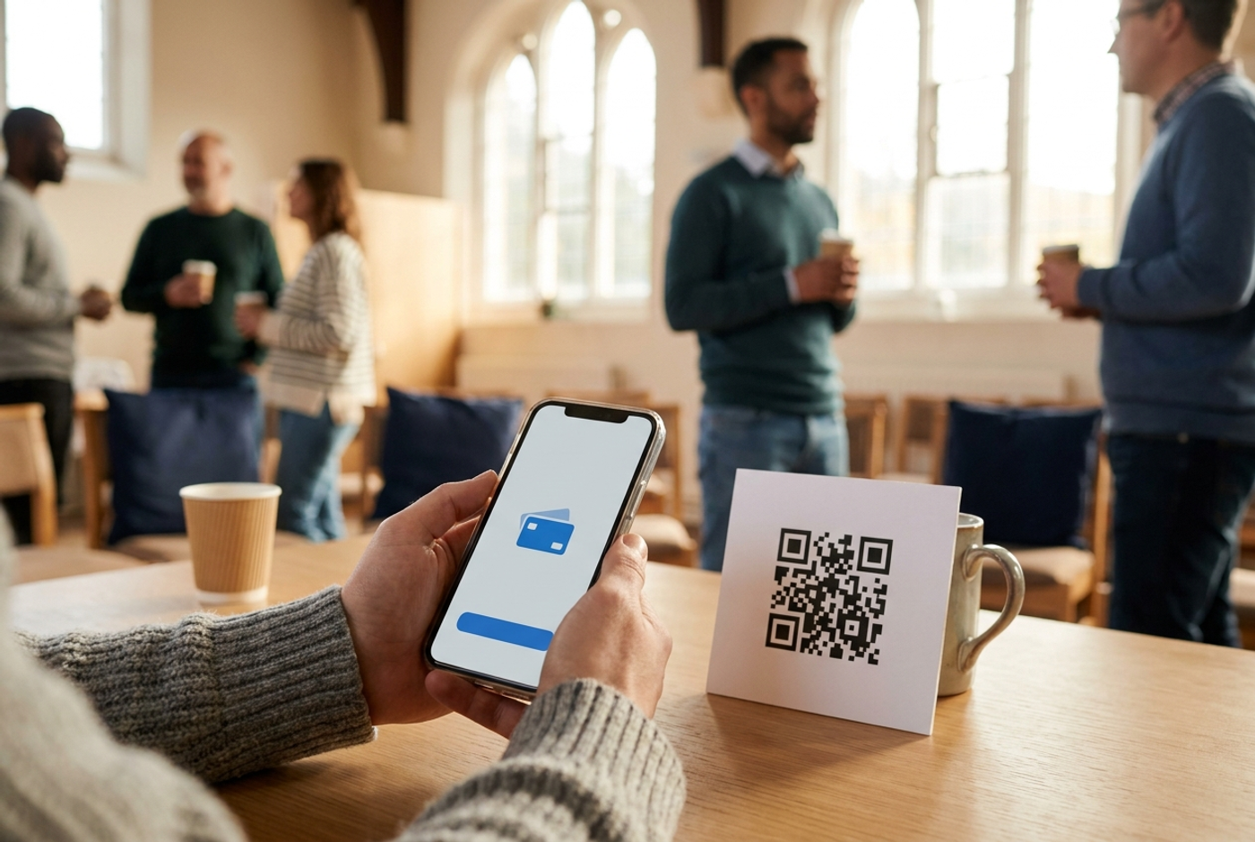 Muž drží mobil s platbou daru, vedle na stole stojí QR kód — digitální dary ve společenství
