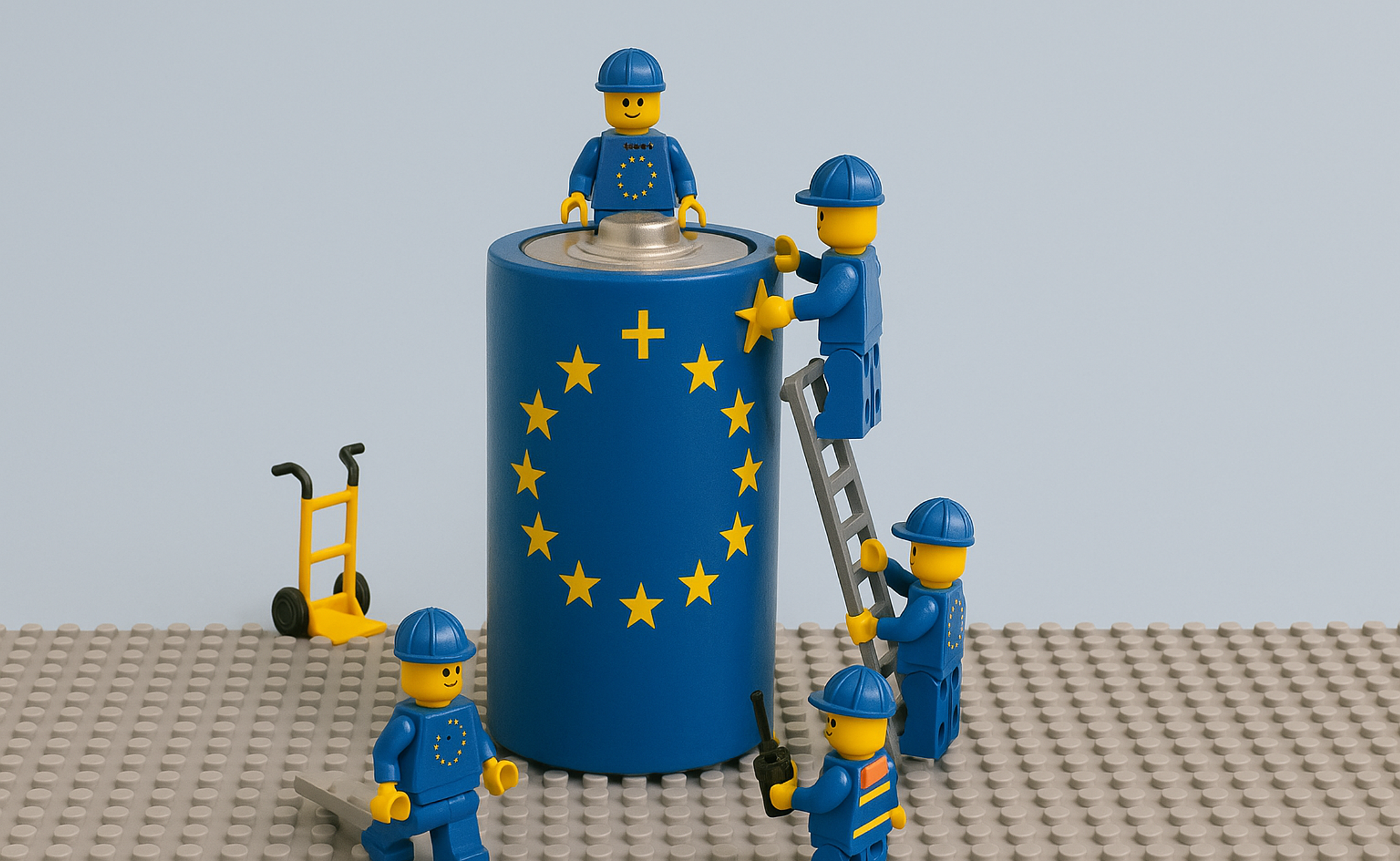 lego people building the new battery with EU flag